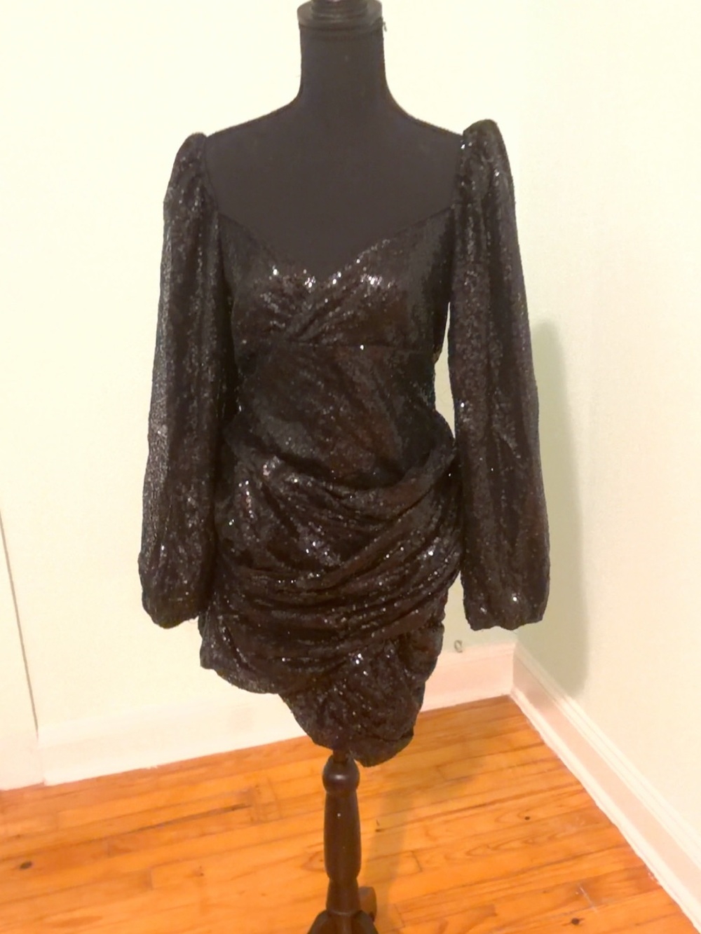 Black Sequin Mini Dress with Long Bishop Sleeves